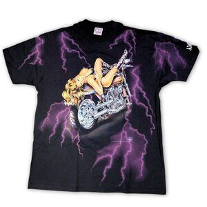 Rare Vintage biker babe single stitch tee USA 1994 XL CMJ AOP 3D emblem